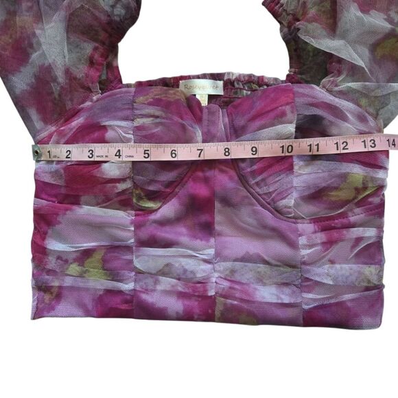 Pink Floral Ruched Crop Blouse W 3/4 Sleeves - M - Picture 9 of 10